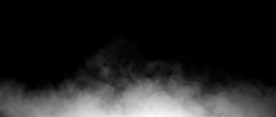 White smoke or fog rising from the bottom on a black background, creating a dark and mysterious texture perfect for visual effects, design backgrounds, or atmospheric scenes.
