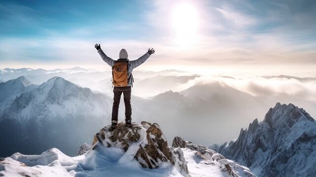 person standing on snowcovered mountain peak with arms raised, wearing winter clothing and a backpack, against a backdrop of misty mountains and a clear sky during sunset.