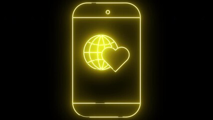 Yellow neon smartphone outline with a globe and heart icon on a black background - Powered by Adobe