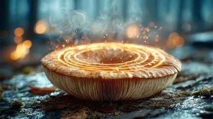 Fototapeta premium A mushroom cap (porcini) with underside gills transformed into concentric neon circuitry