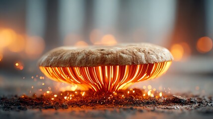 Fototapeta premium A mushroom cap (porcini) with underside gills transformed into concentric neon circuitry