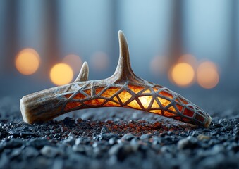 A shed deer antler resting on forest floor