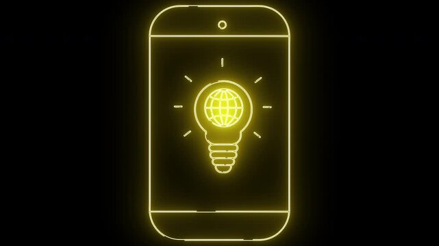 Yellow neon phone outline with a globe lightbulb inside against a black backdrop