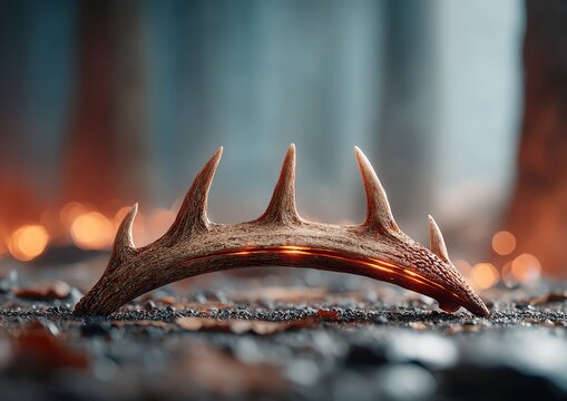 A shed deer antler resting on forest floor