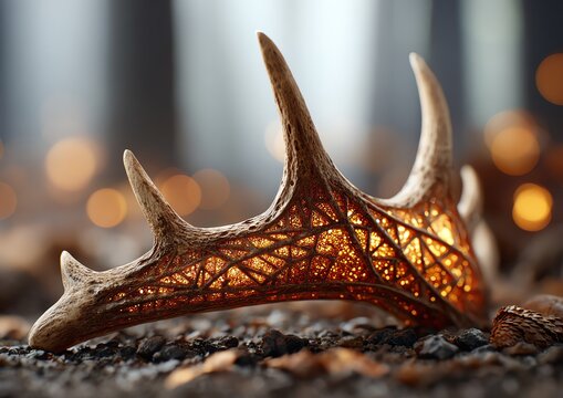 A shed deer antler resting on forest floor
