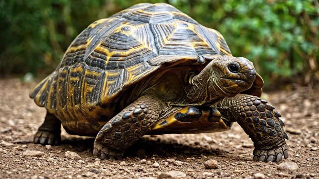 A beautiful tortoise walking on the ground in the forest environment.