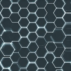 Fototapeta premium Seamless pattern of hexagonal wire cells with varying thickness, faint glow at intersections, charcoal backdrop, elegant sci-fi lattice wallpaper