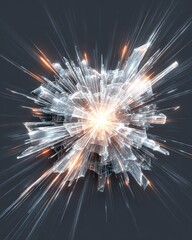Fototapeta premium Exploding polygonal crystal rendered as radiating wire shards, central bright nexus, dark matte background, dynamic motion streaks, high-energy composition