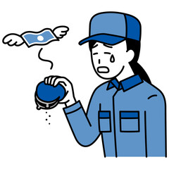 金欠で嘆くつなぎ作業服の女性