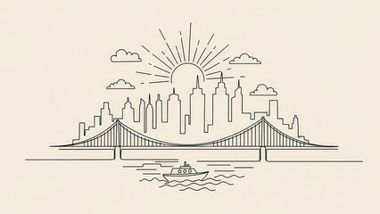 Minimalist line art of New York City skyline with bridge and boat vector illustration for travel and tourism isolated on beige background