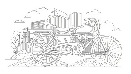 Vintage motorcycle line art illustration with city skyline background vector design for coloring book or graphic element