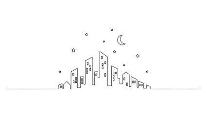 Minimalist city skyline illustration with stars and moon simple vector line art for backgrounds and designs isolated on white