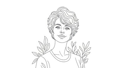 Line art portrait of a young woman with short curly hair surrounded by leaves vector illustration isolated on white