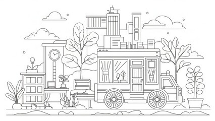 Line art illustration of a mobile home with plants a minimalist vector design for coloring books and creative projects isolated on white background