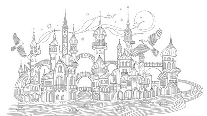 Detailed line art illustration of a fantasy city skyline with towers bridges and flying birds intricate vector design for coloring books and creative projects