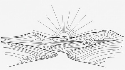 Minimalist landscape illustration with sun rising over hills simple line art vector drawing isolated on white background