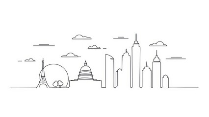 Minimalist skyline illustration with famous landmarks simple line art vector design isolated on white background