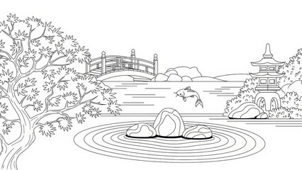 Zen garden line art illustration featuring a pagoda bridge and raked sand perfect for coloring books and relaxation themes