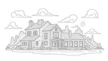 Hand-drawn illustration of a country house with trees and clouds detailed sketch in line art style isolated on white background
