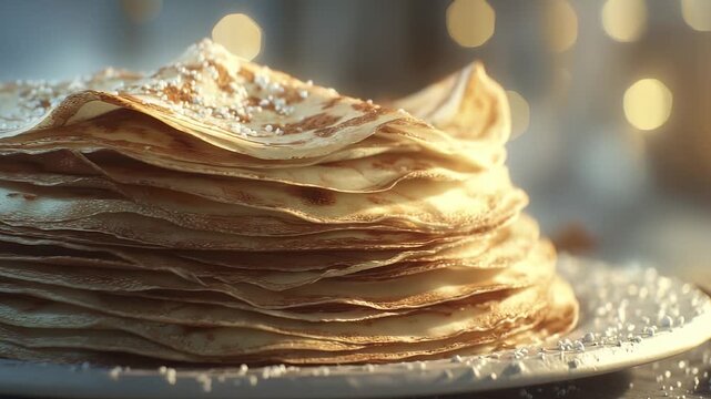 A tall stack of golden pancakes rests elegantly on a white plate, each layer perfectly cooked and slightly crisped at the edges. Lightly sprinkled with sugar, the warm pancakes emi