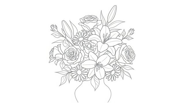 Elegant floral bouquet outline illustration featuring roses lilies and daisies in a vase perfect for coloring books and wedding designs