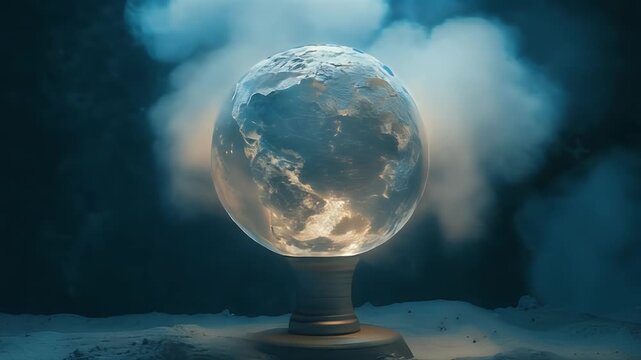 Glowing Orb With World Map Details And Smoke Effect On Pedestal