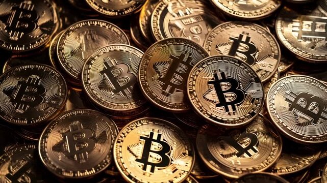 A closeup view of a pile of Bitcoin coins. The coins are gold and silver in color, with the Bitcoin logo prominently displayed. The texture of the coins appears shiny, reflecting light.
