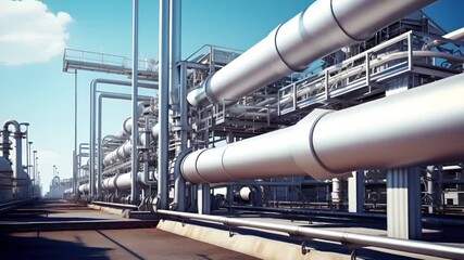 Oil refinery. industrial facility with large white pipes and metal structures, set against a clear blue sky with clouds.
