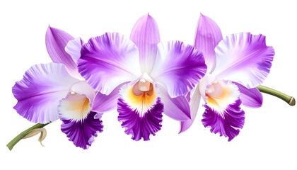 Three delicate orchid blossoms, purple and white with yellow centers, against a void