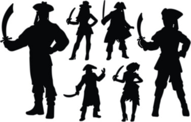 Pirate silhouette icon set, sword poses, traditional attire, adventure theme, vector graphic, minimal, black, folklore, costume, artPirate silhouette icon set, sword poses, traditional attire, 