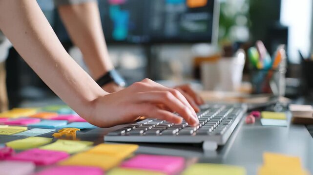 Closeup of hands typing on a computer keyboard surrounded by colorful sticky notes in a modern office workspace. Creative brainstorming and project planning are actively underway