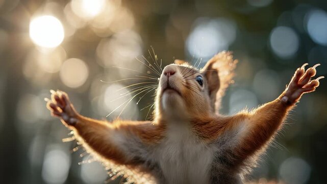 A joyful squirrel stands with its arms outstretched, excitement evident in its bright eyes and fluffy fur. The playful creature interacts with the warm sunlight, creating a magical