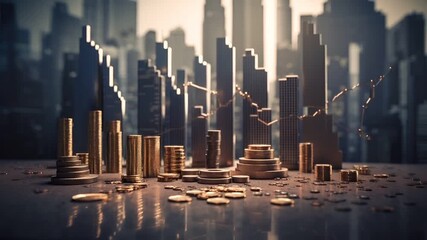 Stock market. Finance investment economy concept. 3D rendering of a cityscape with skyscrapers and coins, suggesting a financial or economic theme. The city skyline is depicted with a line graph. - Powered by Adobe