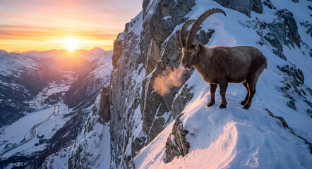 majestic alpine ibex standing on snowy mountain ridge at glowing sunrise