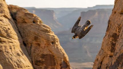 powerful peregrine falcon diving at high speed through rugged sunlit canyon