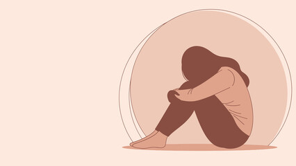 Flat Illustration of Sad Woman Sitting Curled up in Depression