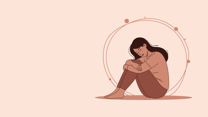 Simple Line Illustration of a Depressed Woman Sitting in Circle