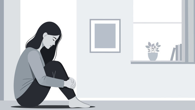Flat Design Lonely Woman Sitting on Floor Minimalist Interior Illustration