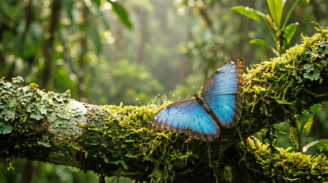 vibrant blue butterfly resting on moss covered branch in lush rainforest light - Powered by Adobe