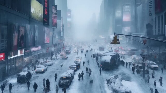 A vivid portrayal of a bustling city street during a snowstorm. The scene is dominated by a thick blanket of snow.