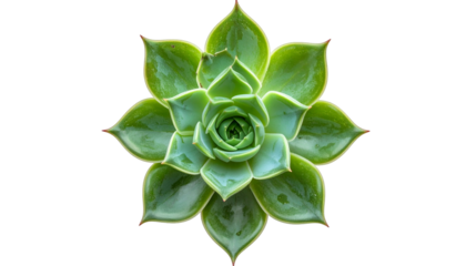 Overhead shot of a vibrant green succulent, circular with layers of leaves, on black