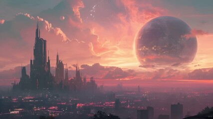 Digital art scifi wallpaper background. futuristic cityscape digital artwork video stock. - Powered by Adobe
