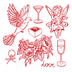 Red Valentine EPS set. Isolated vector EPS object. Hand-drawn illustration. Valentine's Day element for romantic invitations, birthday cards, greeting cards, and wedding designs. Doodle set.