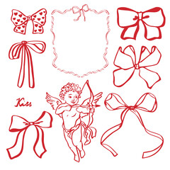 Red Valentine EPS bows set. Isolated vector EPS object. Hand-drawn illustration. Valentine's Day element for romantic invitations, birthday cards, greeting cards, and wedding designs. Doodle set.