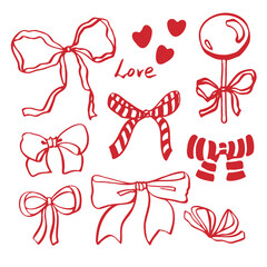 Red Valentine EPS bows set. Isolated vector EPS object. Hand-drawn illustration. Valentine's Day element for romantic invitations, birthday cards, greeting cards, and wedding designs. Doodle set.