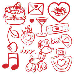 Red Valentine EPS set. Isolated vector EPS object. Hand-drawn illustration. Valentine's Day element for romantic invitations, birthday cards, greeting cards, and wedding designs. Doodle set.