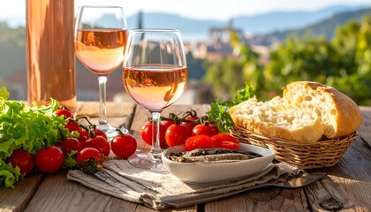 Outdoor picnic of wine, tomatoes, bread, and appetizers on a wooden table