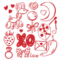 Red Valentine EPS set. Isolated vector EPS object. Hand-drawn illustration. Valentine's Day element for romantic invitations, birthday cards, greeting cards, and wedding designs. Doodle set.