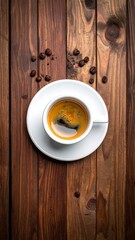 Obraz premium Overhead shot of a cup of espresso on a saucer, coffee beans scattered