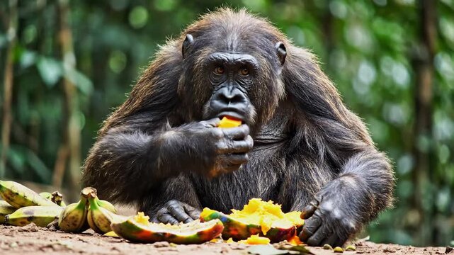 A Gorilla Eating Fruit in a Lush Forest Environment.